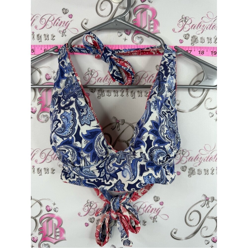 La Vie En Rose bikini top reversible Blue red White Paisley Halter Bikini Top